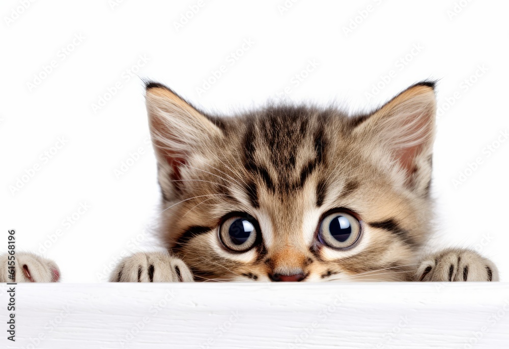Adorable Highlander Kitten Peeking Out from Behind White Table with Copy Space, Isolated on White Background. Generative AI.