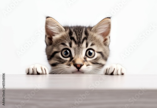 Adorable Domestic Medium Hair Kitten Peeking Out from Behind White Table with Copy Space, Isolated on White Background. Generative AI. © bomoge.pl