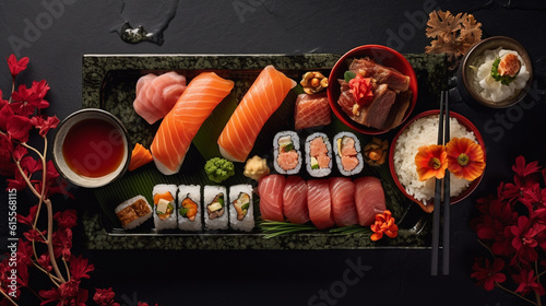 Beautiful Sushi Platter Flat Lay on Black Marble/Stone Background with Fresh Fish, Rice, and Seaweed - Studio Lighting Effect - Asian Cuisine Food Photography - Generative AI