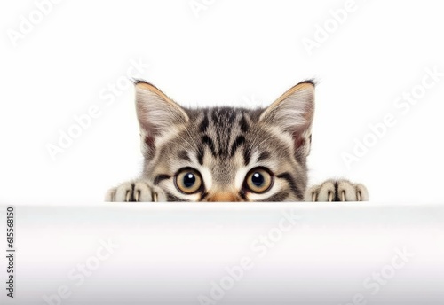 Adorable European Shorthair Kitten Peeking Out from Behind White Table with Copy Space, Isolated on White Background. Generative AI.