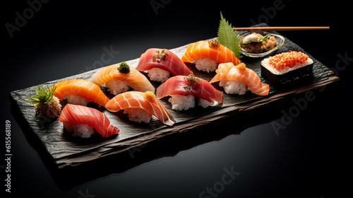 Beautiful Sushi Platter Flat Lay on Black Marble/Stone Background with Fresh Fish, Rice, and Seaweed - Studio Lighting Effect - Asian Cuisine Food Photography - Generative AI