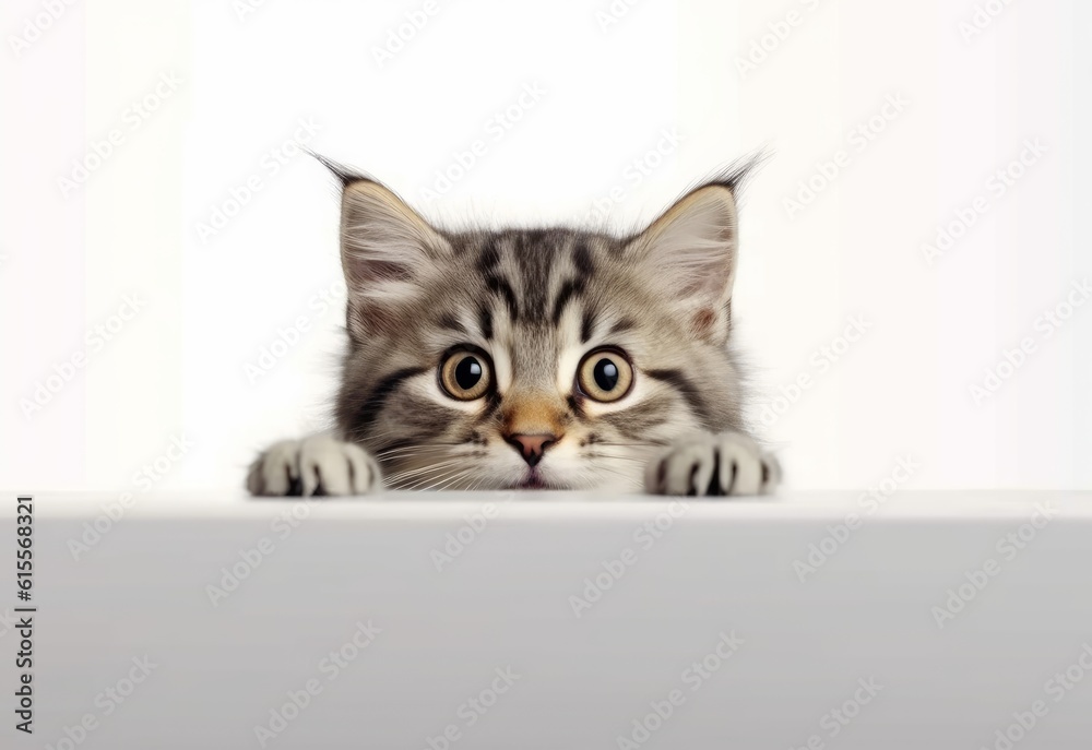 Adorable Kurilian Bobtail Kitten Peeking Out from Behind White Table with Copy Space, Isolated on White Background. Generative AI.