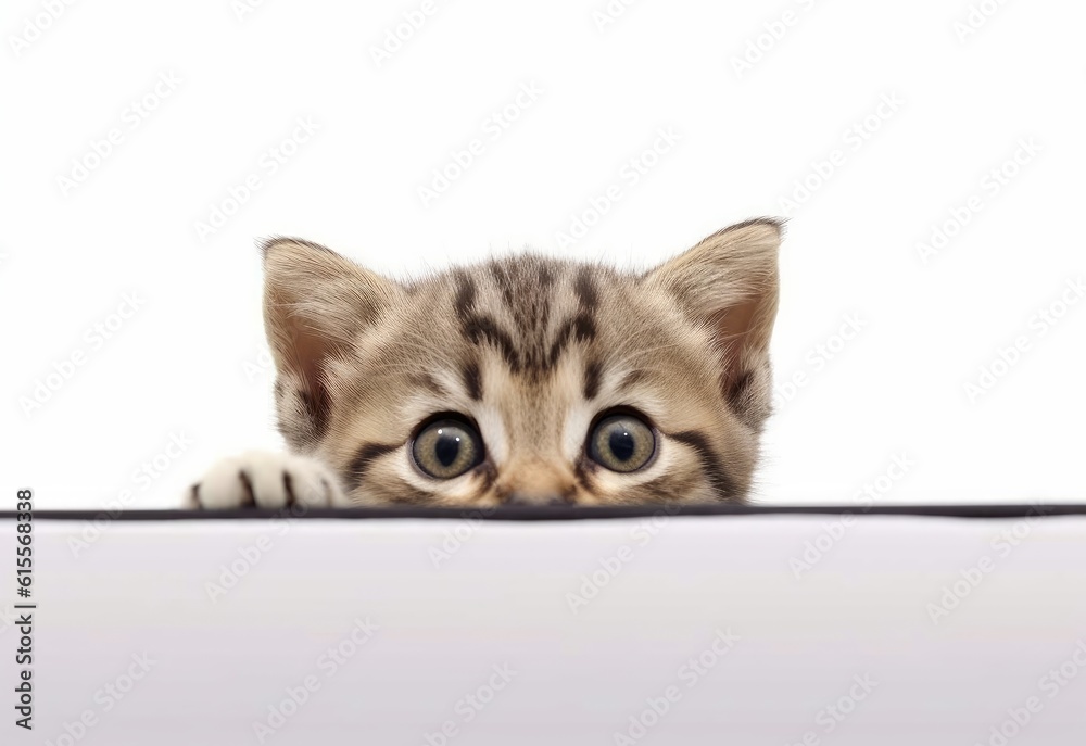 Adorable Minskin Kitten Peeking Out from Behind White Table with Copy Space, Isolated on White Background. Generative AI.