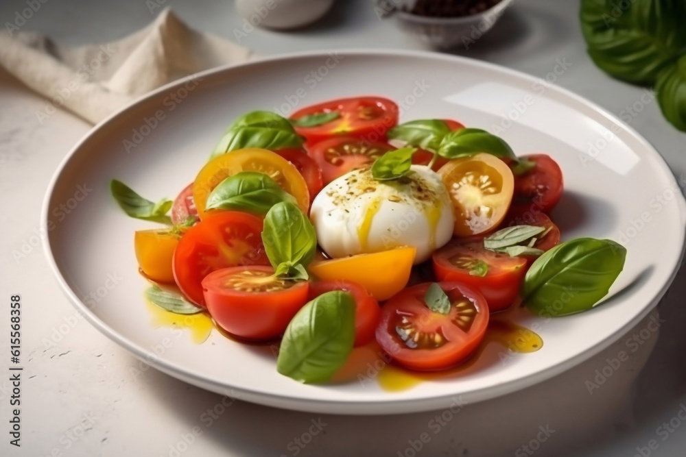 Caprese salad with juicy tomatoes and olive oil on a plate on a table in a restaurant. Generative AI Caprese salad with juicy tomatoes and olive oil on a plate on a table in a restaurant. Generative AI