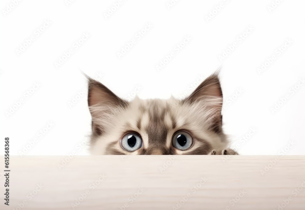 Adorable Norwegian Forest Cat-Siamese Kitten Peeking Out from Behind White Table with Copy Space, Isolated on White Background. Generative AI.