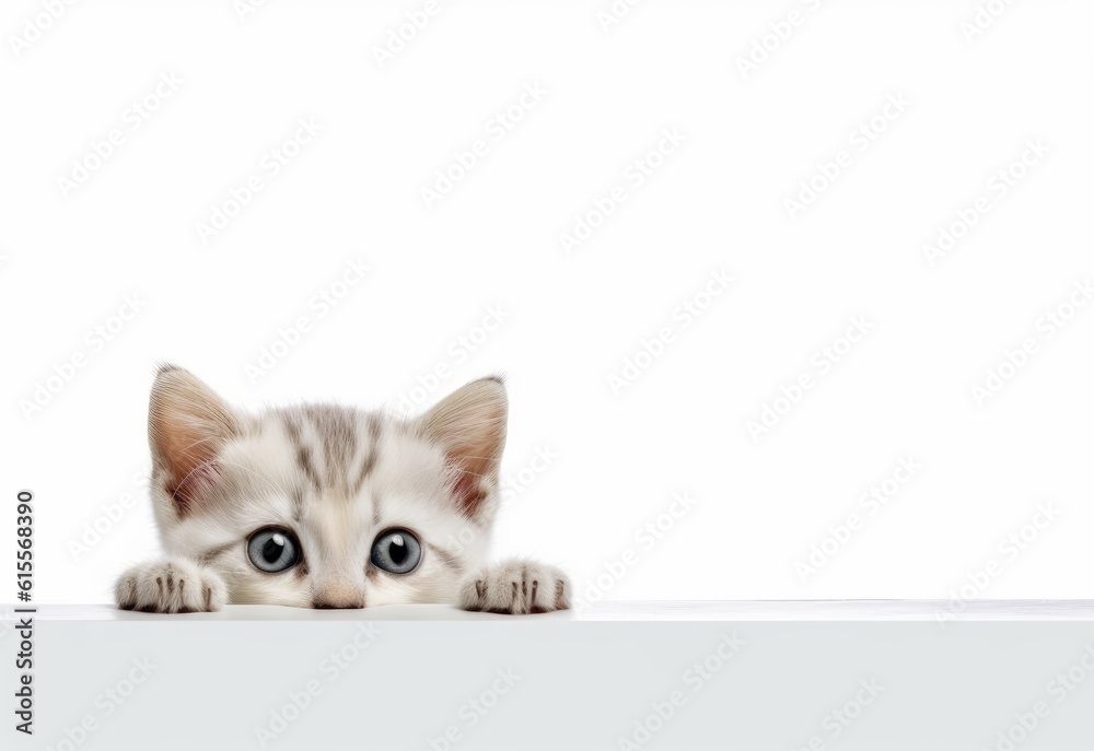 Adorable Oriental Kitten Peeking Out from Behind White Table with Copy Space, Isolated on White Background. Generative AI. Adorable Oriental Kitten Peeking Out from Behind White Table with Copy Space, Isolated on White Background. Generative AI.