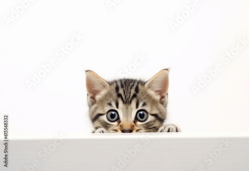 Adorable Manx Kitten Peeking Out from Behind White Table with Copy Space, Isolated on White Background. Generative AI.