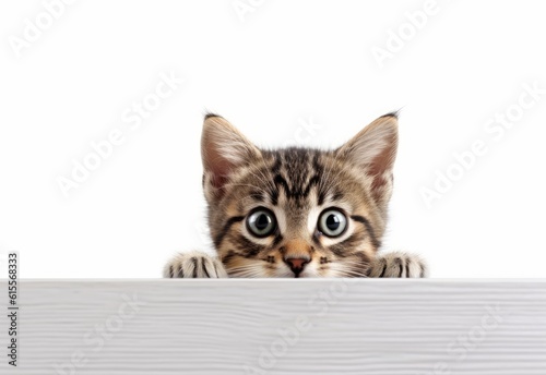Adorable LaPerm Kitten Peeking Out from Behind White Table with Copy Space, Isolated on White Background. Generative AI.