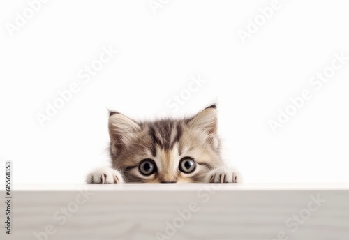 Adorable Munchkin Kitten Peeking Out from Behind White Table with Copy Space, Isolated on White Background. Generative AI.