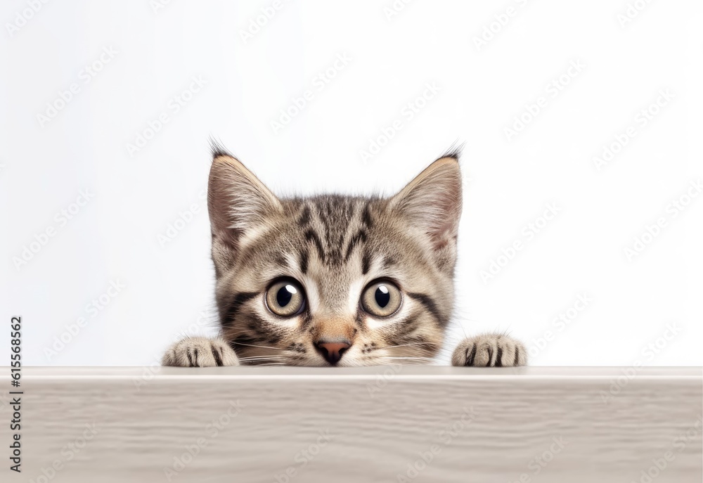 Adorable Scottish Straight Kitten Peeking Out from Behind White Table with Copy Space, Isolated on White Background. Generative AI.