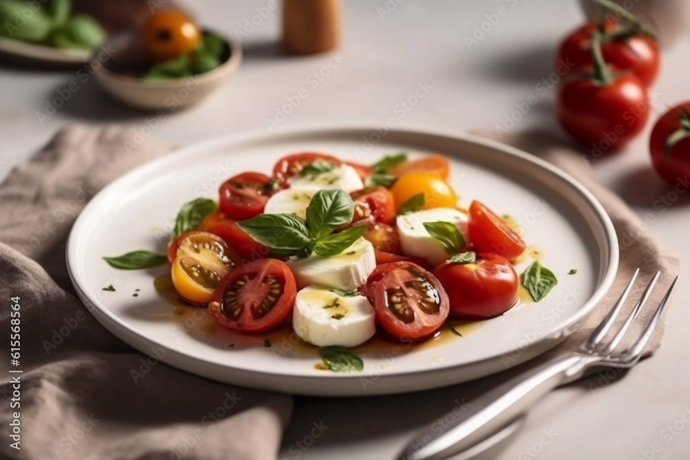 Caprese salad with juicy tomatoes and olive oil on a plate on a table in a restaurant. Generative AI