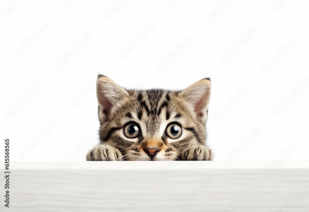 Adorable Scottish Straight Kitten Peeking Out from Behind White Table with Copy Space, Isolated on White Background. Generative AI.
