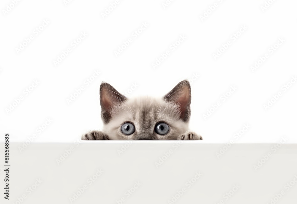 Adorable Siamese Kitten Peeking Out from Behind White Table with Copy Space, Isolated on White Background. Generative AI.