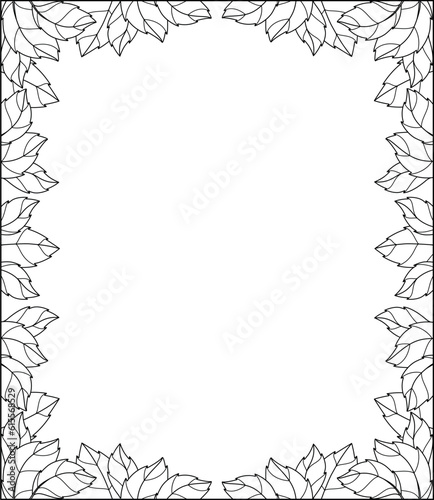 Vertical frame of leaves - vector linear picture for coloring. Outline. Rectangular frame of leaves for coloring book or text decoration