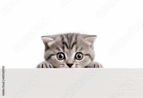 Adorable Scottish Fold Kitten Peeking Out from Behind White Table with Copy Space, Isolated on White Background. Generative AI.