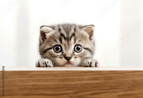 Adorable Scottish Fold Kitten Peeking Out from Behind White Table with Copy Space, Isolated on White Background. Generative AI.