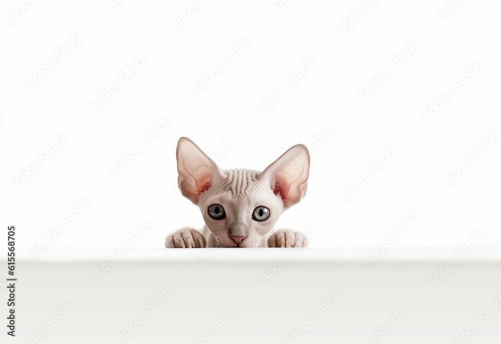 Adorable Sphynx Kitten Peeking Out from Behind White Table with Copy Space, Isolated on White Background. Generative AI. Adorable Sphynx Kitten Peeking Out from Behind White Table with Copy Space, Isolated on White Background. Generative AI.