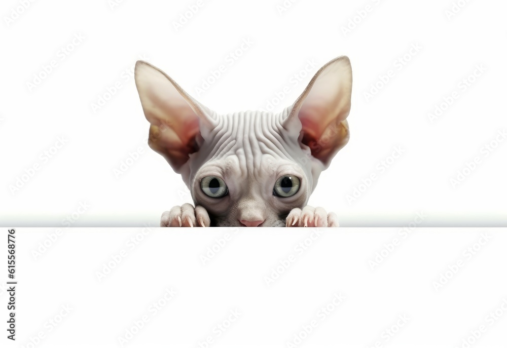Adorable Sphynx-Bambino Kitten Peeking Out from Behind White Table with Copy Space, Isolated on White Background. Generative AI.