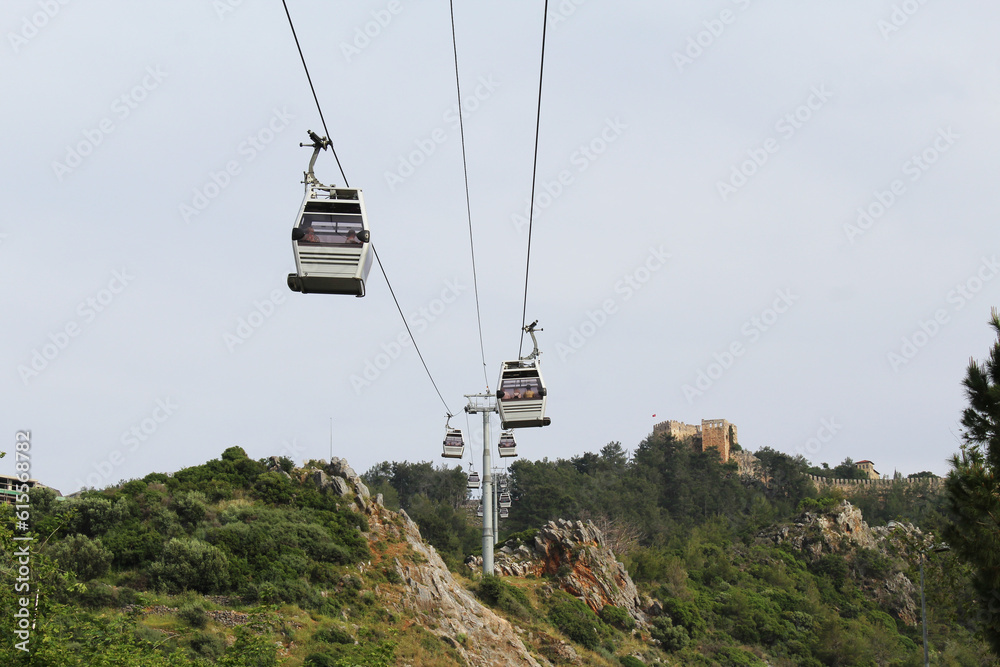 cable car in the mountains. Alanya Teleferik cable car connecting Cleopatra beach and the top of the mountain cable car in the mountains. Alanya Teleferik cable car connecting Cleopatra beach and the top of the mountain