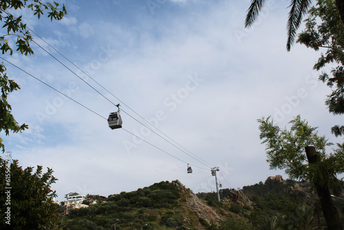 cable car in the mountains. Alanya Teleferik cable car connecting Cleopatra beach and the top of the mountain 