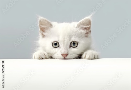 Adorable Turkish Angora Kitten Peeking Out from Behind White Table with Copy Space, Isolated on White Background. Generative AI.