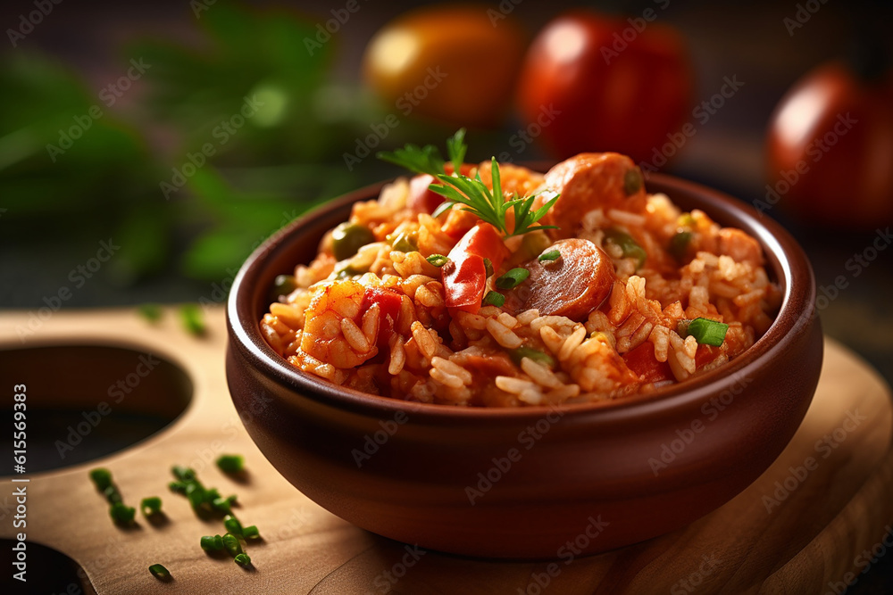 Delicious Jambalaya on Wooden Table Created with Generative AI Tools Delicious Jambalaya on Wooden Table Created with Generative AI Tools
