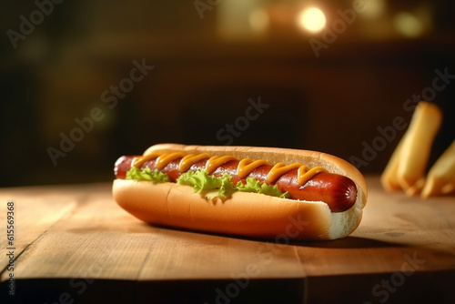 Delicious Hot Dogs on Wooden Table Created with Generative AI Tools