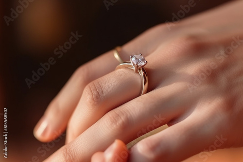Close up of an elegant engagement diamond ring on woman finger. love and wedding concept. Diamond ring on young lady\'s hand on dark background. High quality photo
