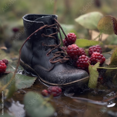 a shoe surrounded by flowers on the floor, environmental protection, the problem of plant extermination