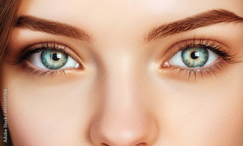 Obraz premium Young beautiful woman with blue eyes, closeup detail to her face, both iris visible. Generative AI