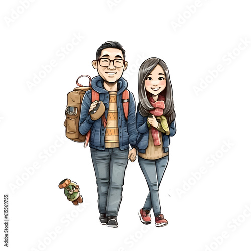 Young couple walking in the city. Hand drawn illustration. Vector.