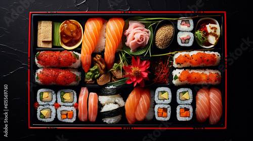 Beautiful Japanese Inspired Bento Box on Black Background - Fresh Sushi, Fish, Rice, Seaweed, Asian Sauces and Garnishes - Studio Lighting Food Photography Effect - Asian Cuisine - Generative AI