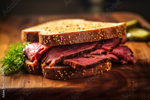 Delicious Pastrami on Rye on Wooden Table Created with Generative AI Tools
