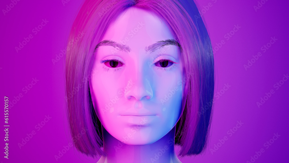 Female hyper-realistic robot or cyborg in studio with neon light. Artificial intelligence or neural network in image cybernetic girl. Digital technology concept. 3d render Female hyper-realistic robot or cyborg in studio with neon light. Artificial intelligence or neural network in image cybernetic girl. Digital technology concept. 3d render