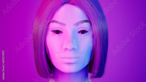 Female hyper-realistic robot or cyborg in studio with neon light. Artificial intelligence or neural network in image cybernetic girl. Digital technology concept. 3d render