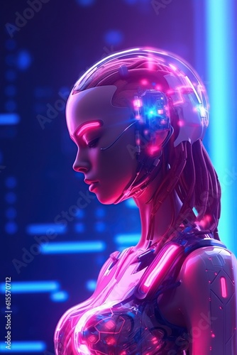 Illustration of a cyborg woman and Ai technology background , AI Generated © kanate