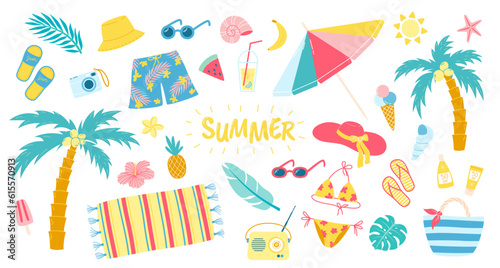 Summer beach set. Sea and ocean recreation attributes, parasol, sunglasses, slippers and swimsuits. Vector summer vacations set
