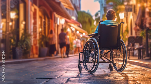 A man in a wheelchair walks in the city along a pedestrian street. Generative AI.