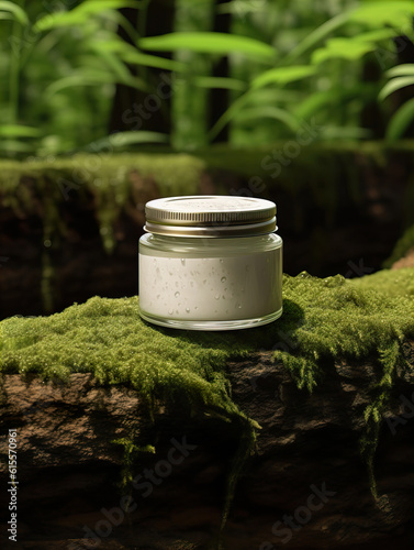 Cosmetic cream jar with lid mockup on green forest background with wooden bark, moss and leaves, beauty product container template © Daria Minaeva
