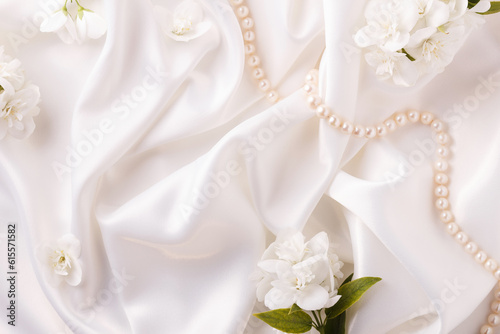 Background blank with flowers and pearls on a white flowing satin.