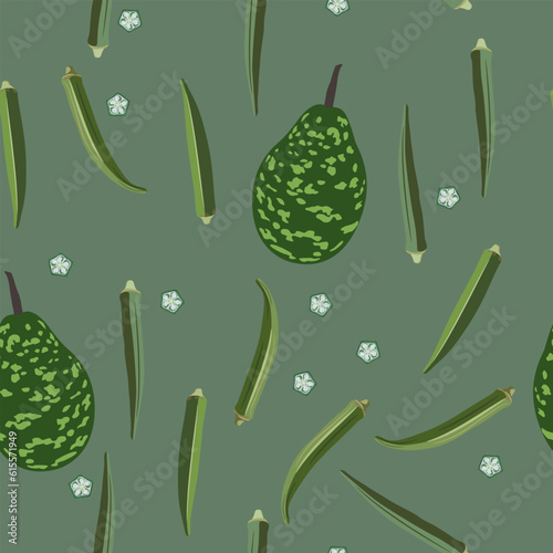 Seamless pattern with exotic vegetables. Pods or fruits and slices of okra and speckled bottle gourd or calabash opo squash. On green background.