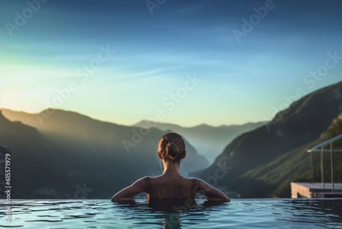 Back view of young adult women enjoy relax in infinity edge luxury outdoor swimming pool. Look green mountains in warm summer sunset light. Concept Alpine wellness travel. Generative AI