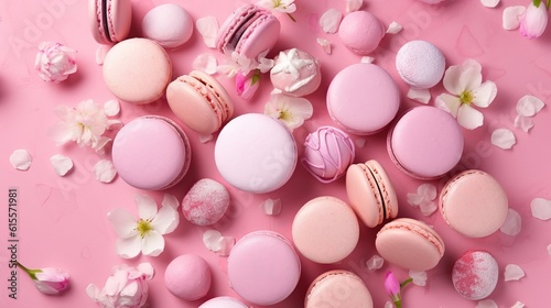 Top view of gourmet pink macaroons  assorted meringues and soft zephyr on pink background Generative AI