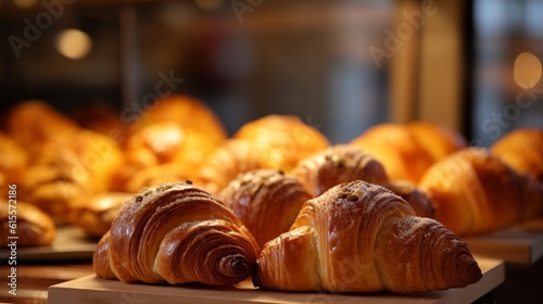 Close up freshly baked pastry goods on display in bakery shop. Selective focus Generative AI