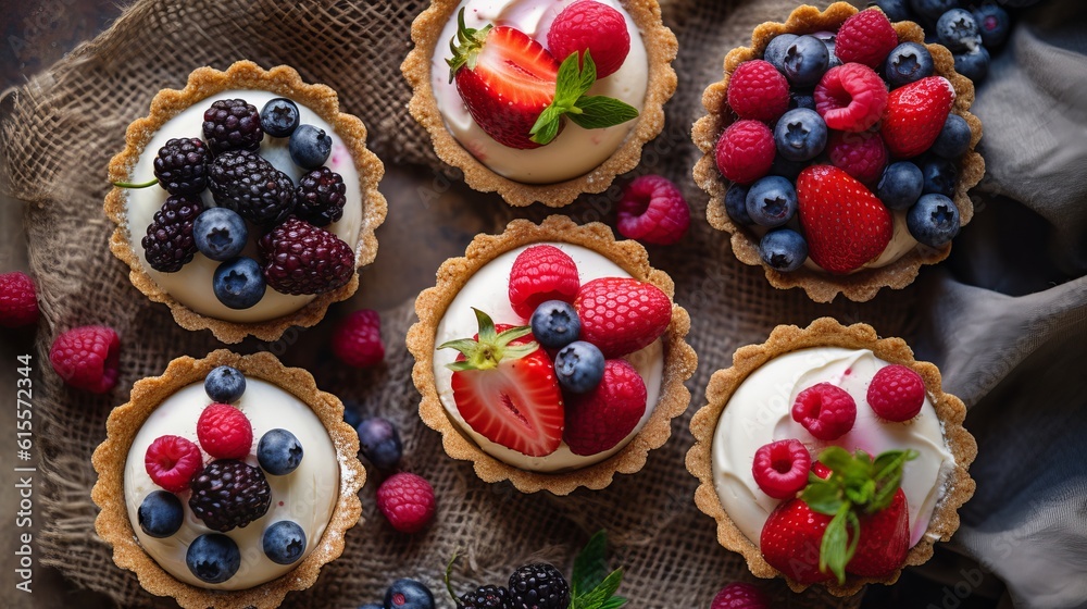 Healthy summer pastry dessert. Berry tartlets or cake with cream cheese top view Generative AI