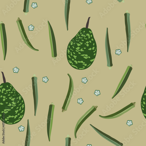 Seamless pattern with exotic vegetables. Pods or fruits and slices of okra and speckled bottle gourd or green calabash opo squash. On yellow background.