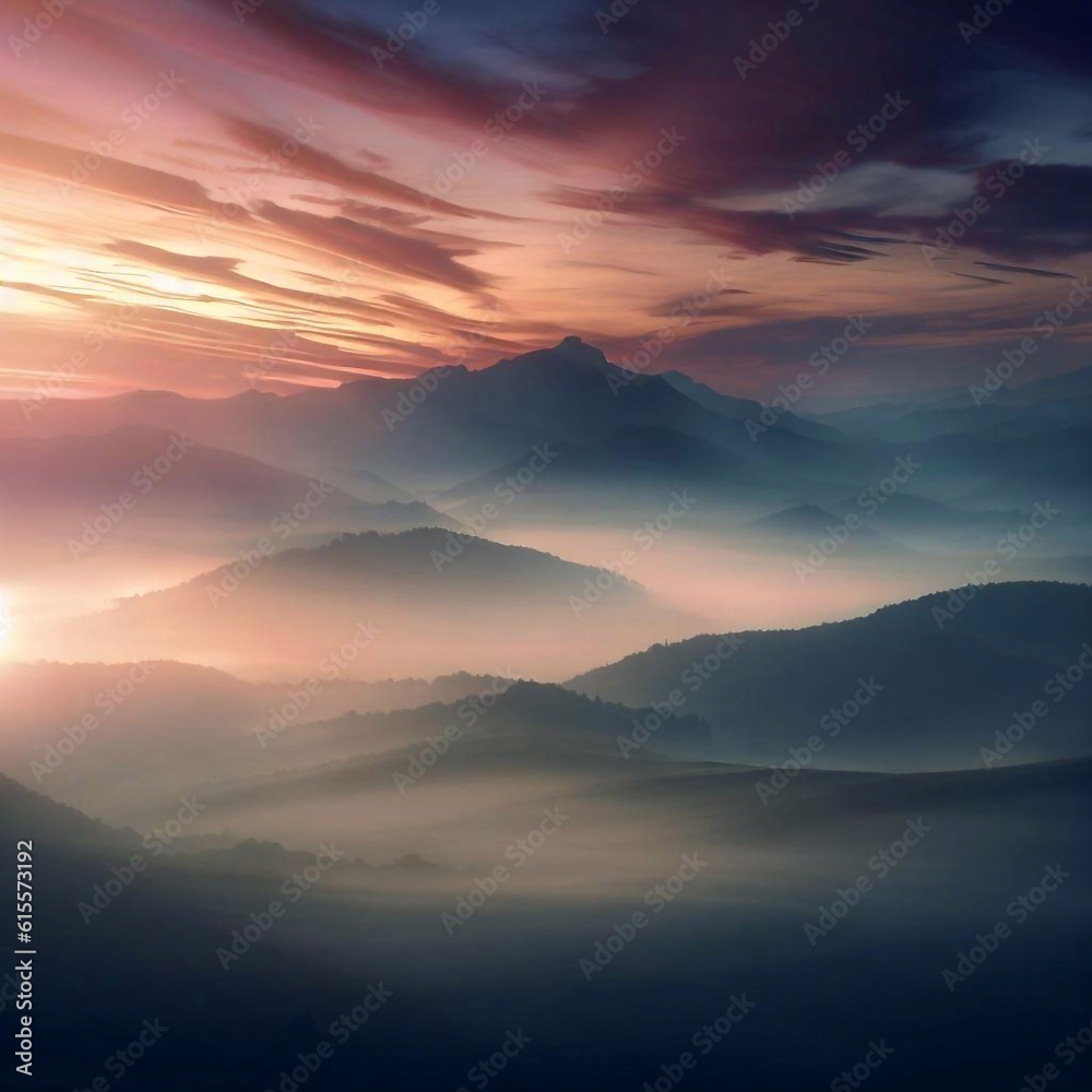 sunrise over a mist-covered mountain range