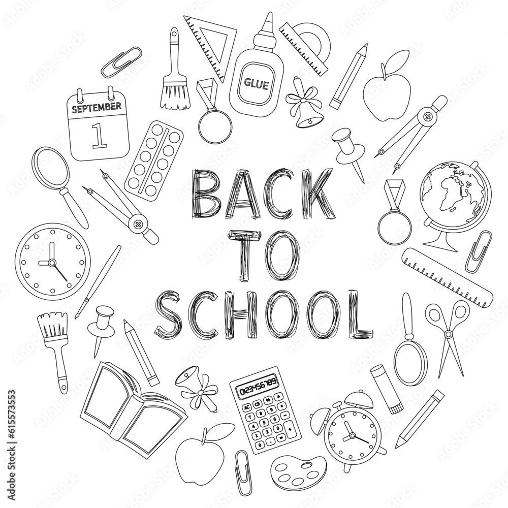 School supplies for the first of September in the style of doodle, isolated on a white background. Black and white composition of stationery back to school.