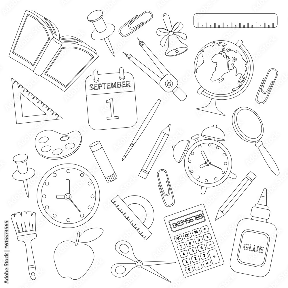 School supplies for the first of September in the style of doodle, isolated on a white background. Collection of doodles of black and white school items, office stationery. School supplies for the first of September in the style of doodle, isolated on a white background. Collection of doodles of black and white school items, office stationery.
