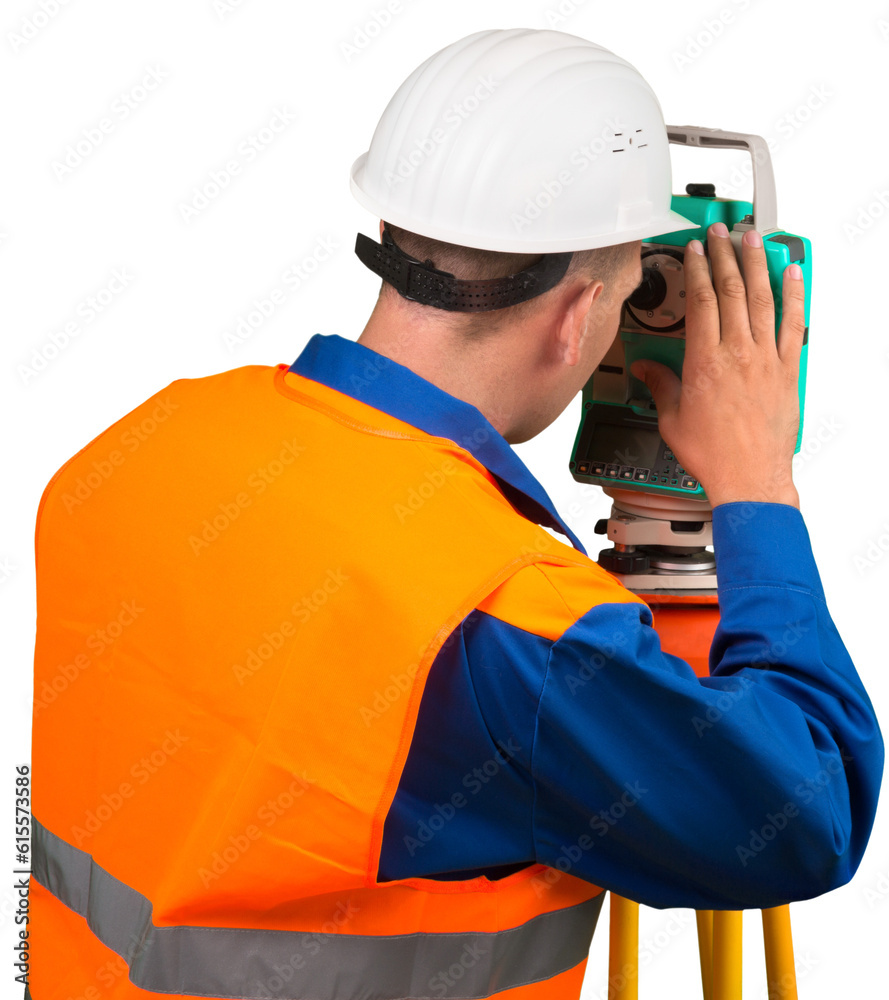 Portrait of a Land Surveyor Working with Modern Theodolite Portrait of a Land Surveyor Working with Modern Theodolite